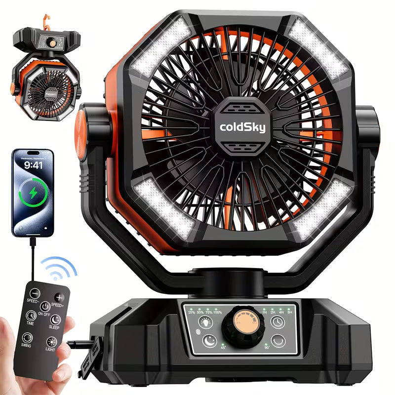 20,000mAh Rechargeable Camping Fan with LED Lanterns & Remote Control
