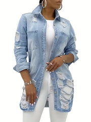 Women's Distressed Blue Denim Jacket blue denim fabric