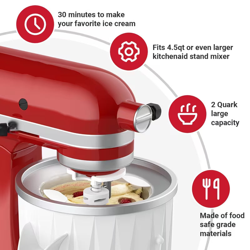 2-Quart Ice Cream Maker Attachment – Compatible with KitchenAid Stand Mixers