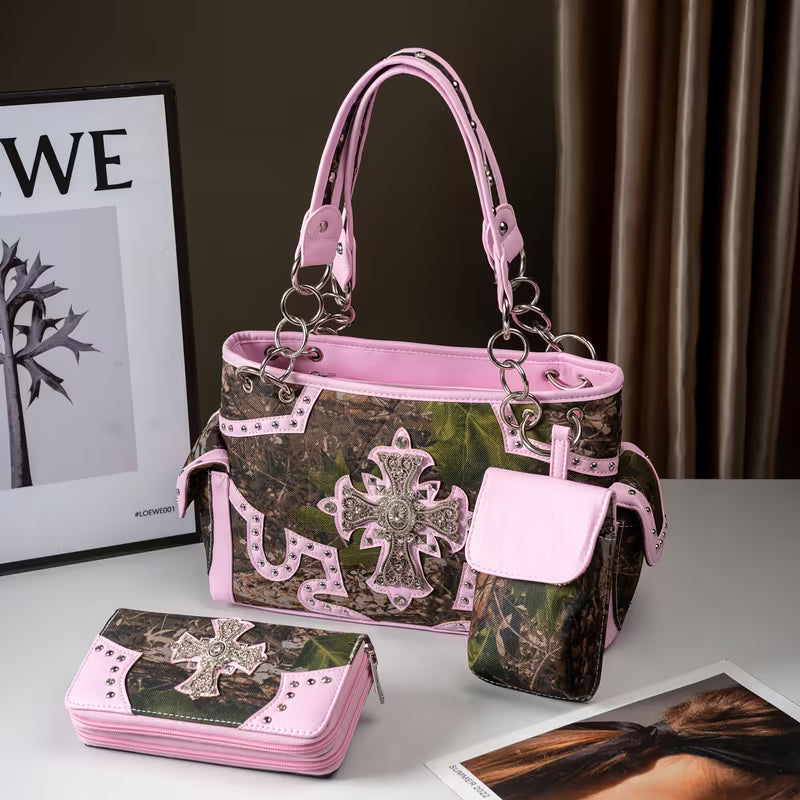 Western Camouflage Studded Handbag and Wallet Set front view