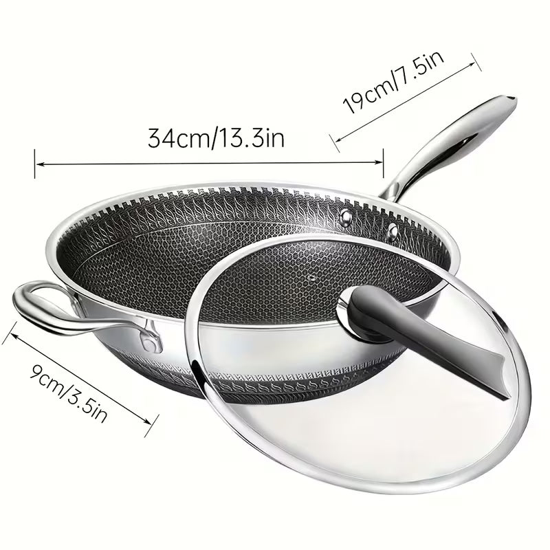 13.3-Inch Stainless Steel Nonstick Wok – Honeycomb Design with Lid & Accessories