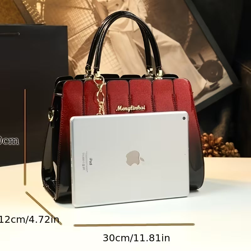 Elegant Sequin Patent Handbag shown next to an iPad for size reference, highlighting its stylish and elegant design.