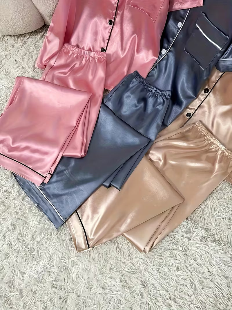 6-piece satin shirt and long pants pajama set