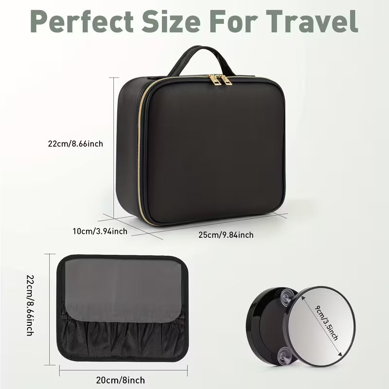 Travel Makeup Bag with LED Mirror Rechargeable 3 Color Light & Cosmetic Organizer