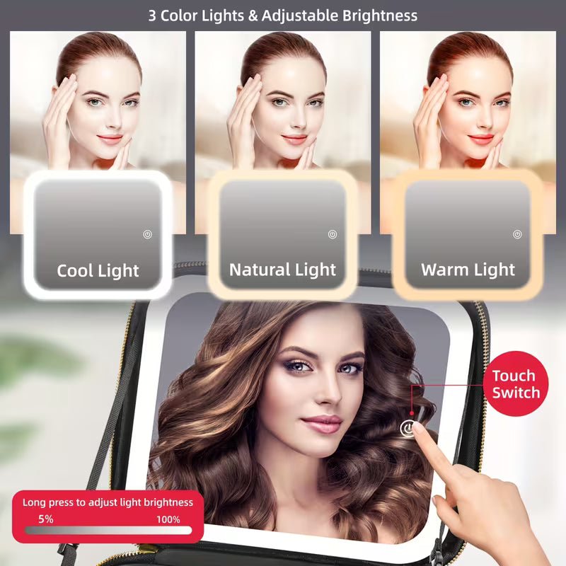 Travel Makeup Bag with LED Mirror Rechargeable 3 Color Light & Cosmetic Organizer