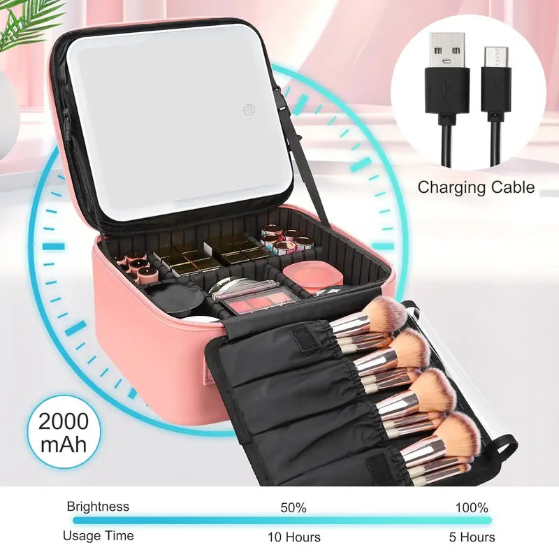 Travel Makeup Bag with LED Mirror Rechargeable 3 Color Light & Cosmetic Organizer