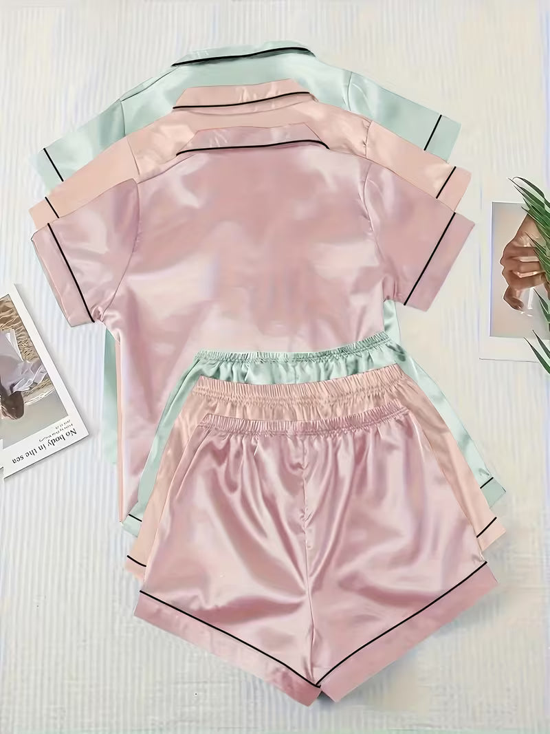 6-piece satin short-sleeve pajama set