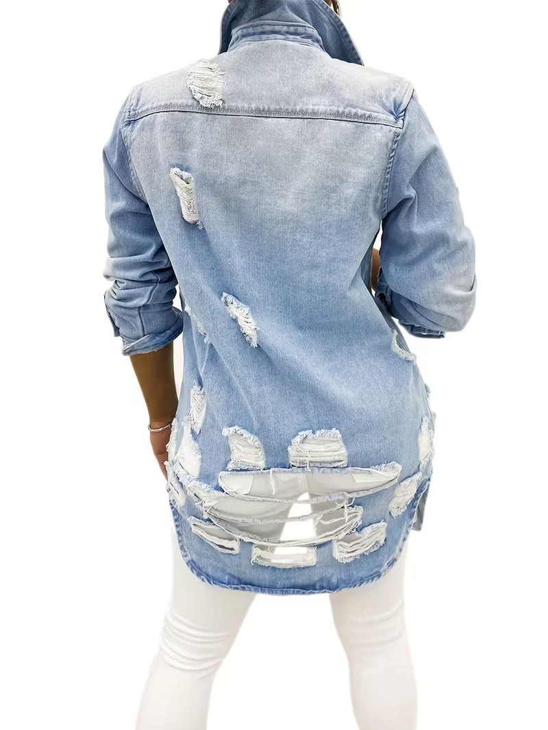Women's Distressed Blue Denim Jacket distressed detail