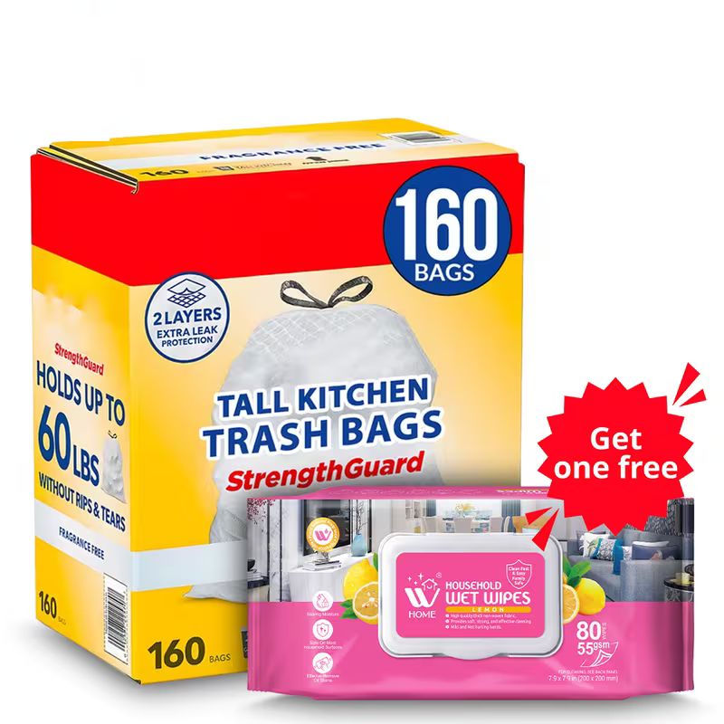160 ct./13 gal - Premium Tall Kitchen Drawstring Trash Bags - Fragrance Free With Free Wet Wipes