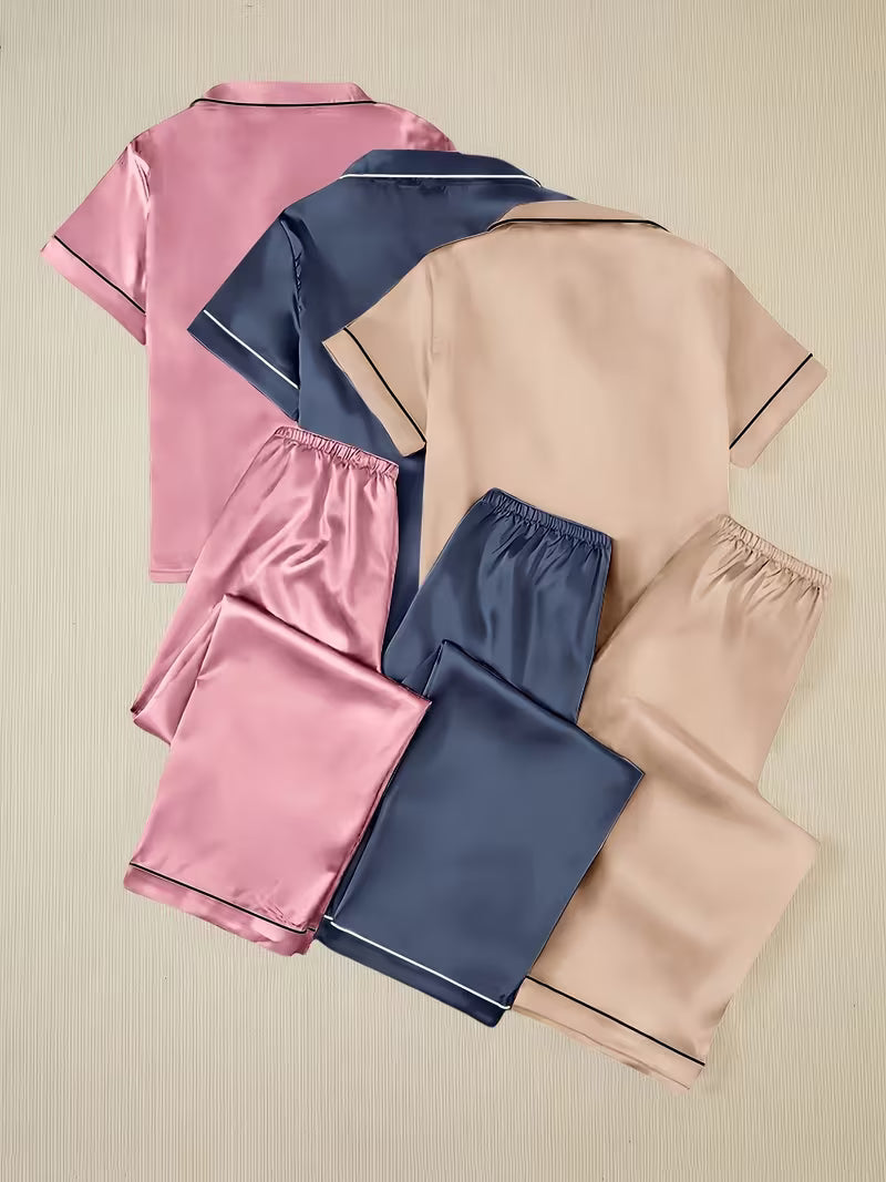 6-piece satin shirt and long pants pajama set