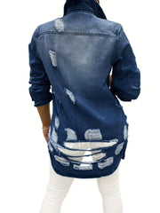 Women's Distressed Blue Denim Jacket back view