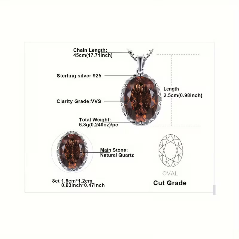 925 silver oval smoky quartz pendant necklace