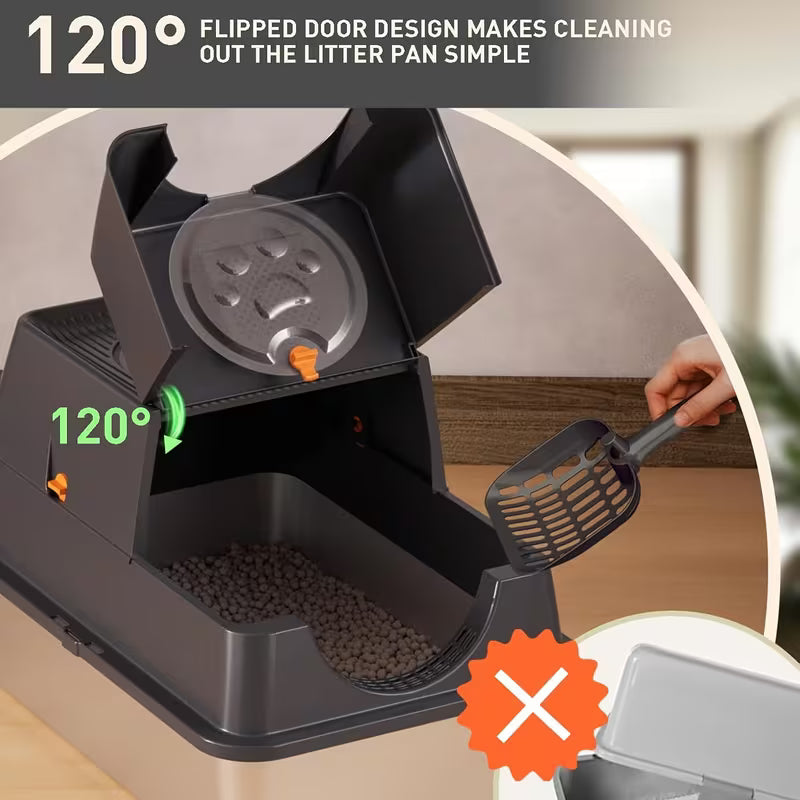 XL Stainless Steel Litter Box – 3-in-1 Flip-Top Design with High Walls