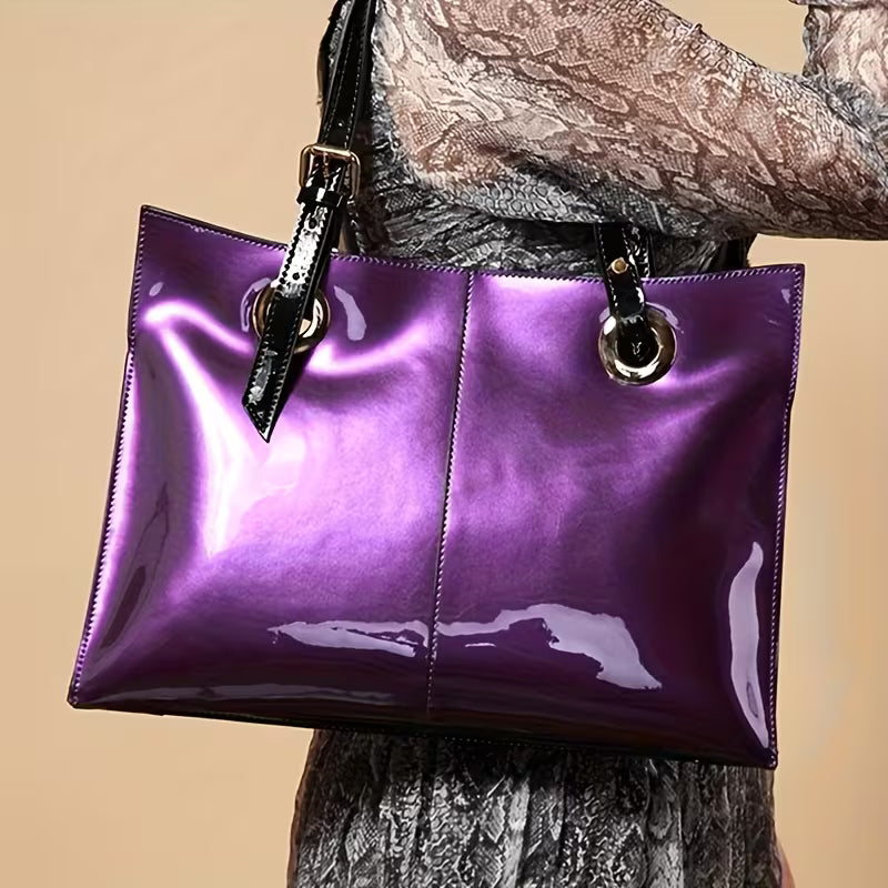 Women's Patent Leather Luxury Tote Handbag front view