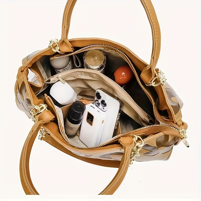 Women's Floral Embossed Tote Bag with tassel charm