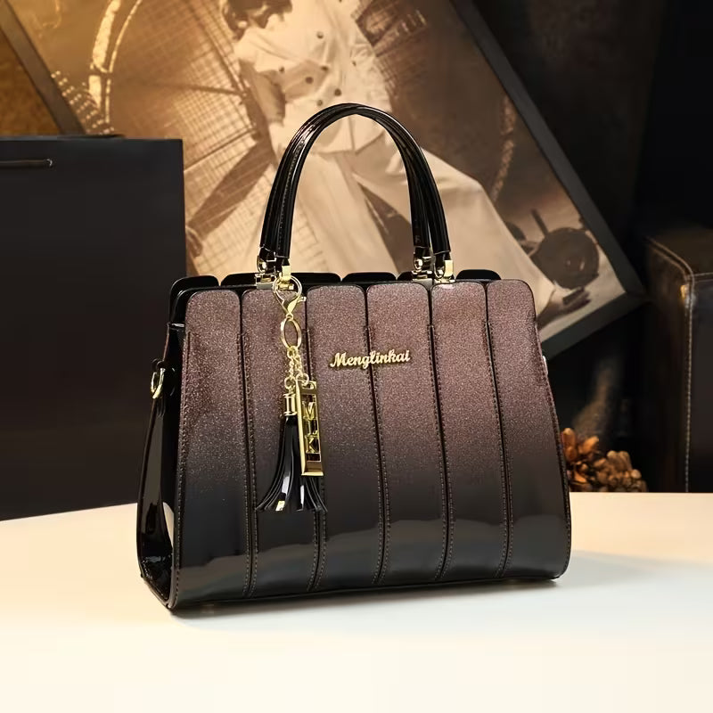 Elegant Sequin Patent Handbag with zipper closure, stylish accessory featuring sequin finish and patent design.
