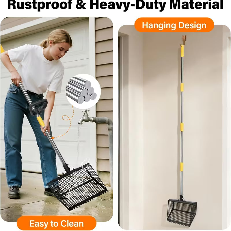 2-in-1 Animal Poop Scooper & Rake – Adjustable 26–76" Stainless Steel Handle