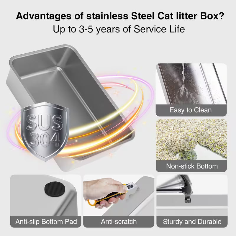 CITYLIFE Oversized Stainless Steel Cat Litter Box – Covered & Anti-Splash Design