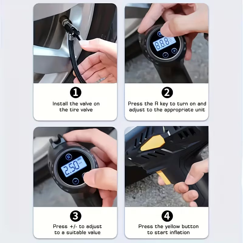 150 PSI portable digital tire inflator for cars, bikes, and motorcycles