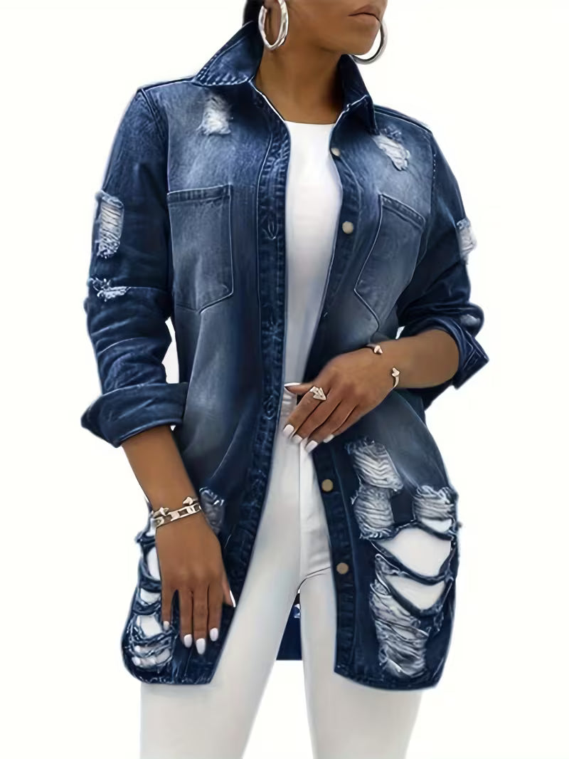 Women's Distressed Blue Denim Jacket blue denim fabric