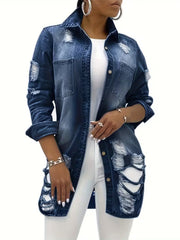 Women's Distressed Blue Denim Jacket blue denim fabric